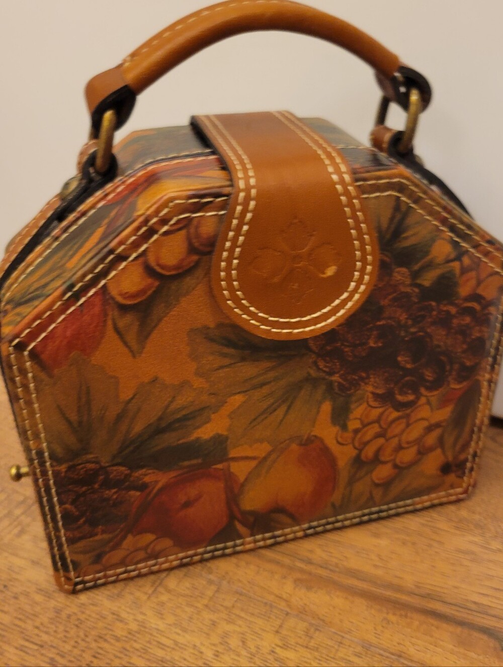 Leather Top-Handle Floral Print Box Bag in Brown
